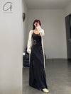 SWAYING 24 Autumn and Winter Crochet Splicing Suspender Long Skirt SW-SW24AW2L09-HEIHUI Black and Gray SW-SW24AW2L08